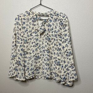 Lucky Brand Womens XS Floral Cut Out‎ V Neck Tie Back Long Bell Sleeve Blouse